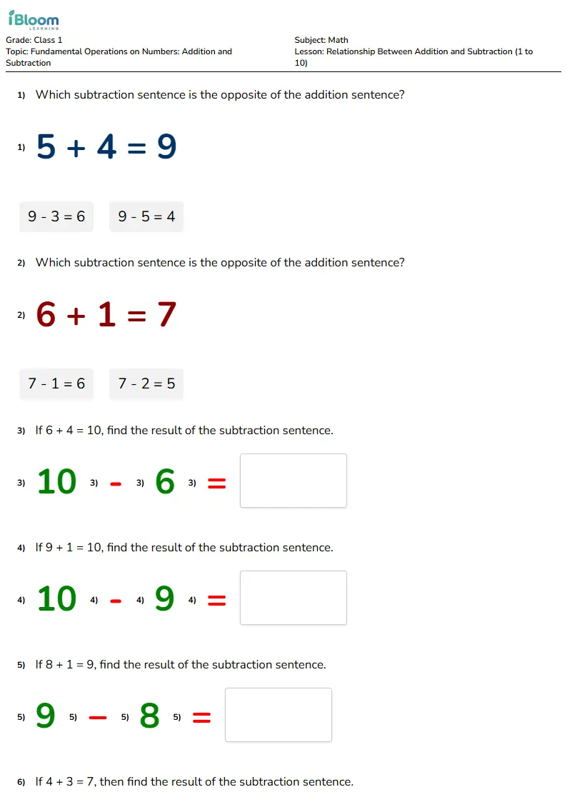 Relationship Between Addition and Subtraction (1 to 10) Lesson for Class 1 | iBloom