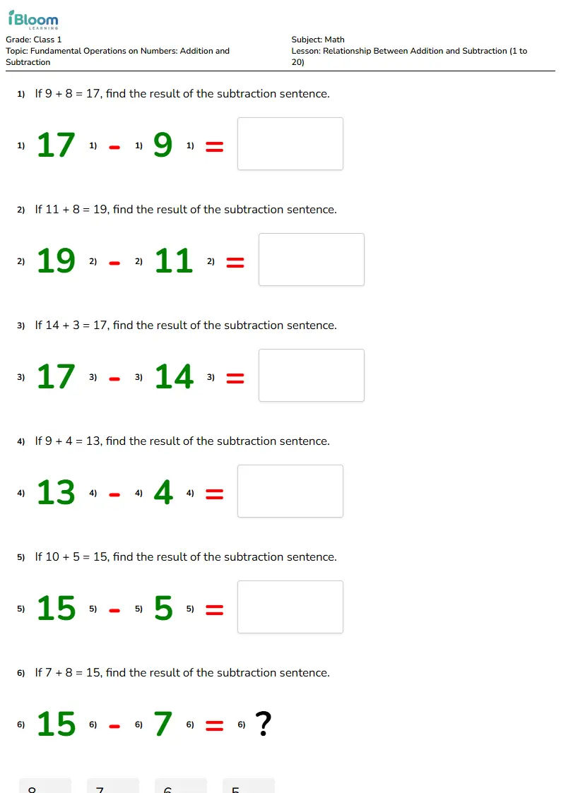 Relationship Between Addition and Subtraction (1 to 20) Lesson for Class 1 | iBloom