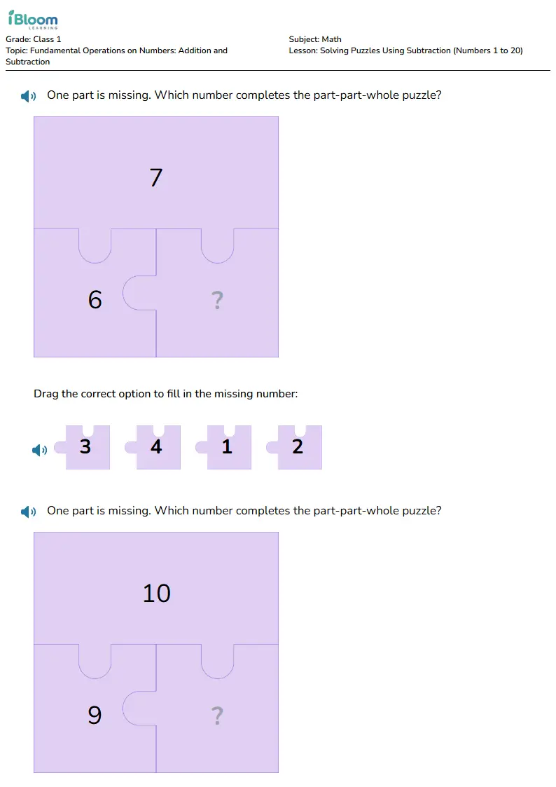 Solving Puzzles Using Subtraction (Numbers 1 to 20) Lesson for Class 1 | iBloom