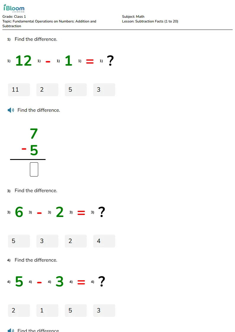 Subtraction Facts (1 to 20) Lesson for Class 1 | iBloom
