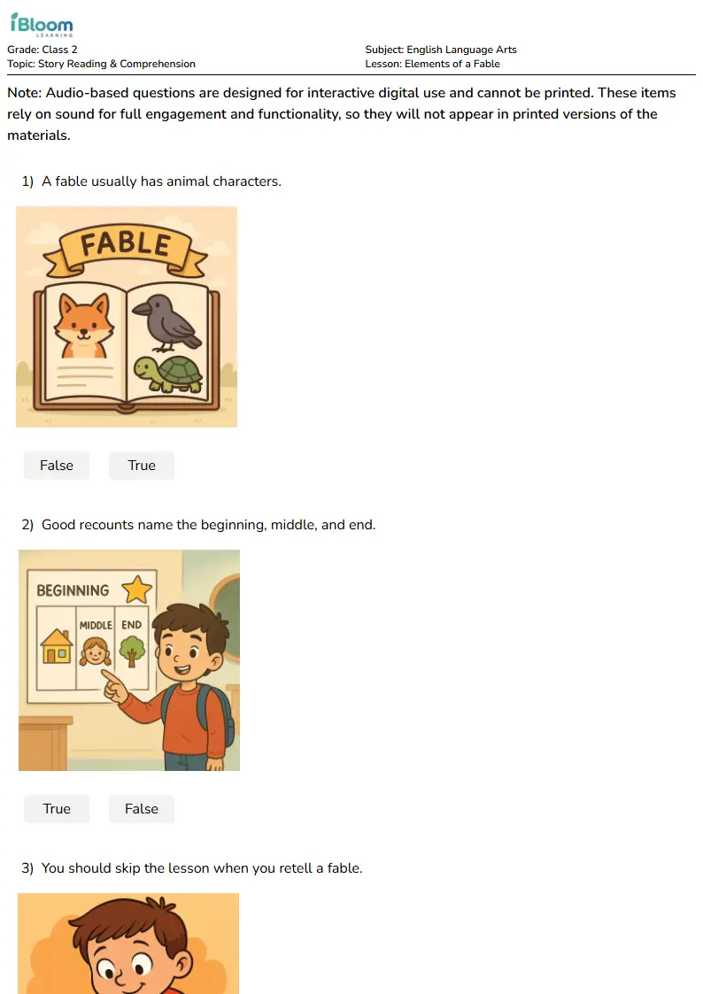 Elements of a Fable Lesson for Class 2
