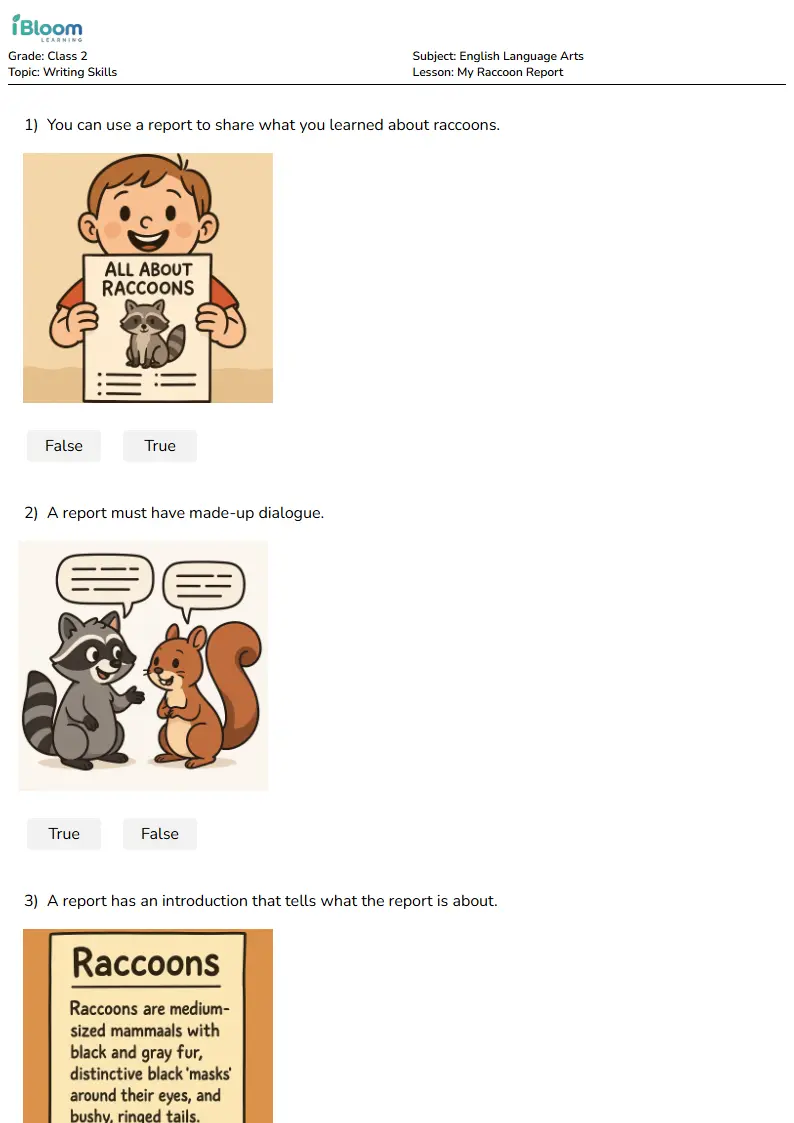My Raccoon Report Lesson for Class 2 | iBloom