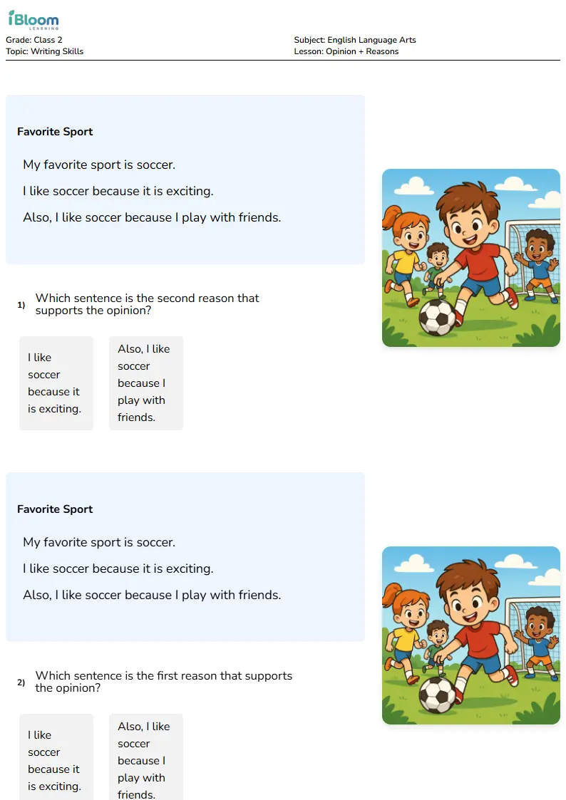 Opinion + Reasons Lesson for Class 2 | iBloom