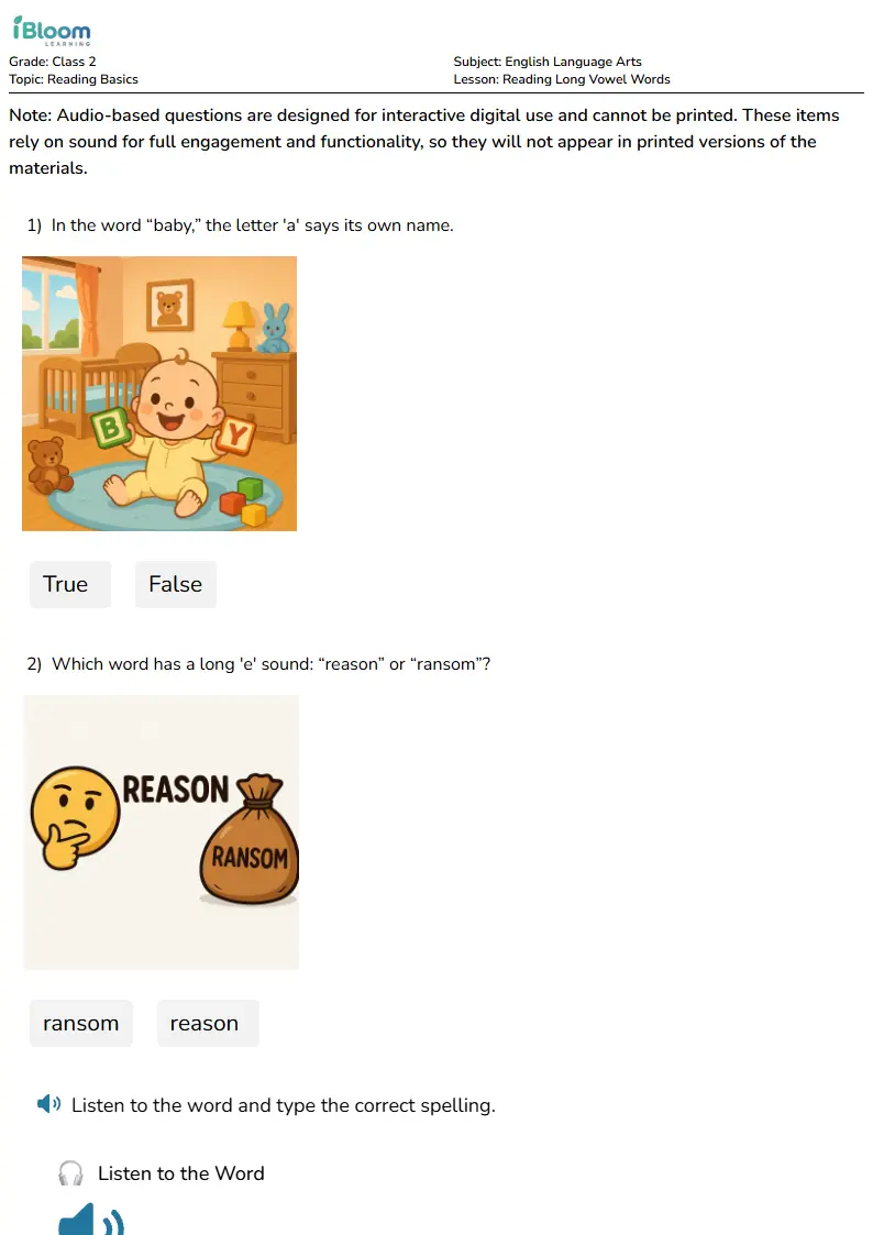 Reading Long Vowel Words Lesson for Class 2 | iBloom