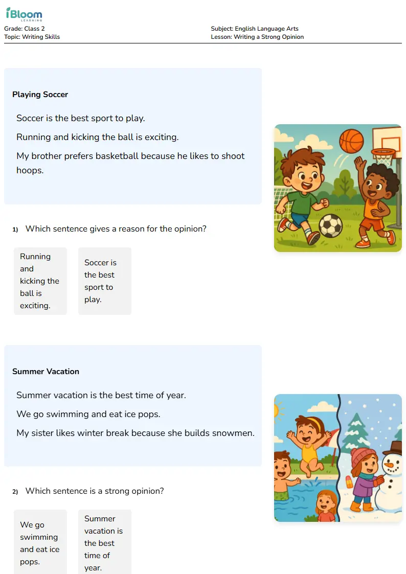 Writing a Strong Opinion Lesson for Class 2 | iBloom