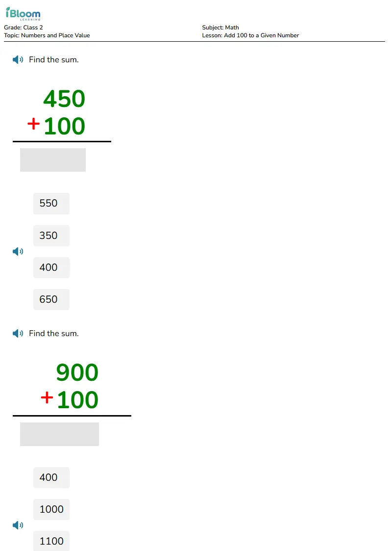 Add 100 to a Given Number Lesson for Class 2