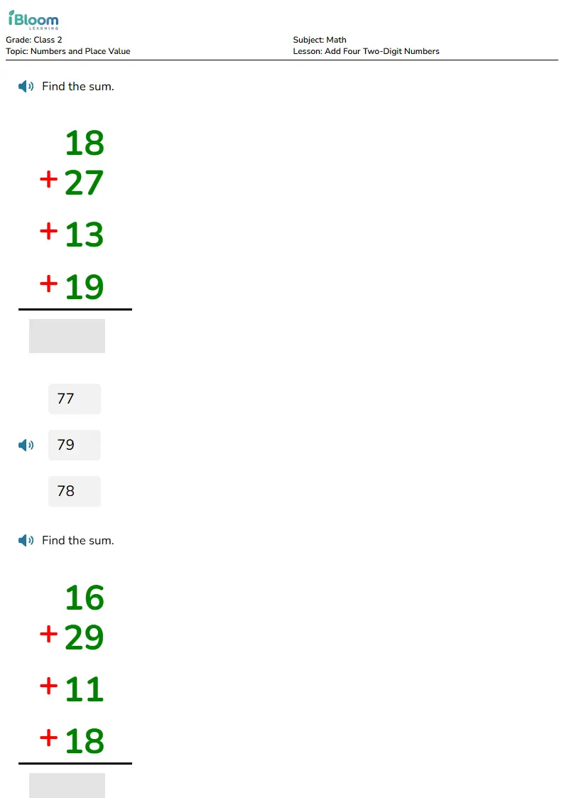 Add Four Two-Digit Numbers Lesson for Class 2