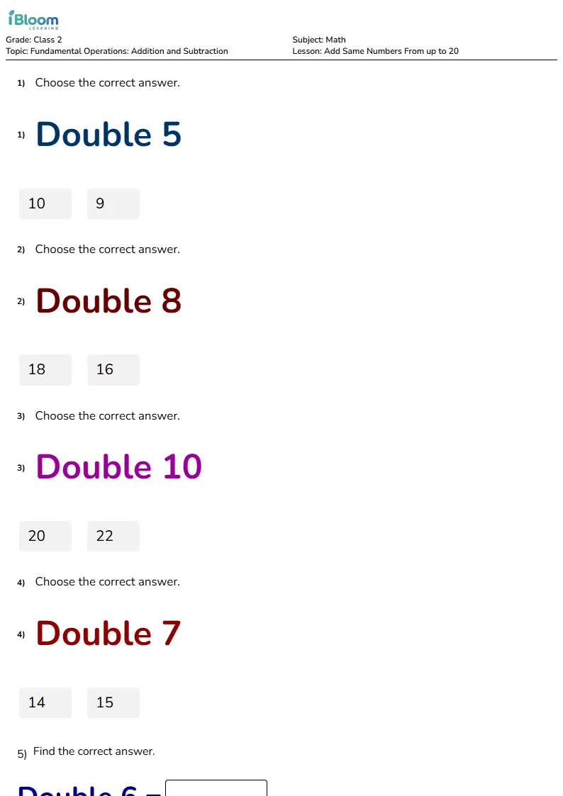 Add Same Numbers From up to 20 Lesson for Class 2