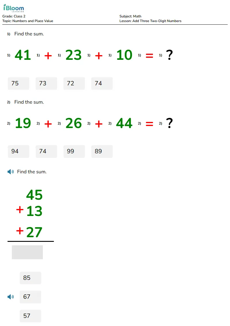 Add Three Two-Digit Numbers Lesson for Class 2