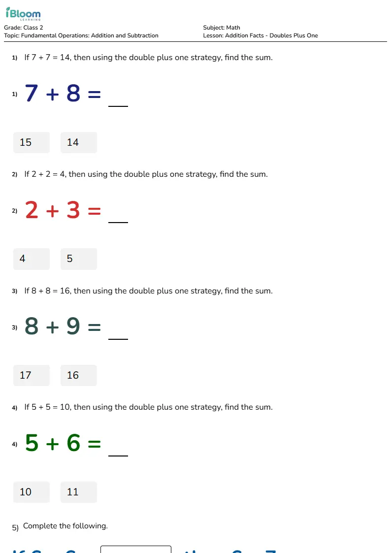Addition Facts - Doubles Plus One Lesson for Class 2