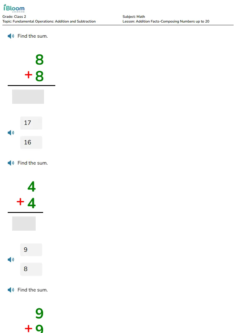 Addition Facts-Composing Numbers up to 20 Lesson for Class 2