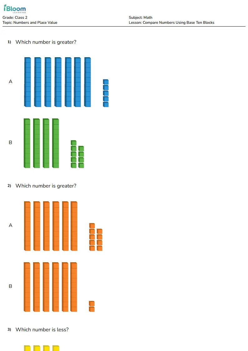 Compare Numbers Using Base Ten Blocks Lesson for Class 2