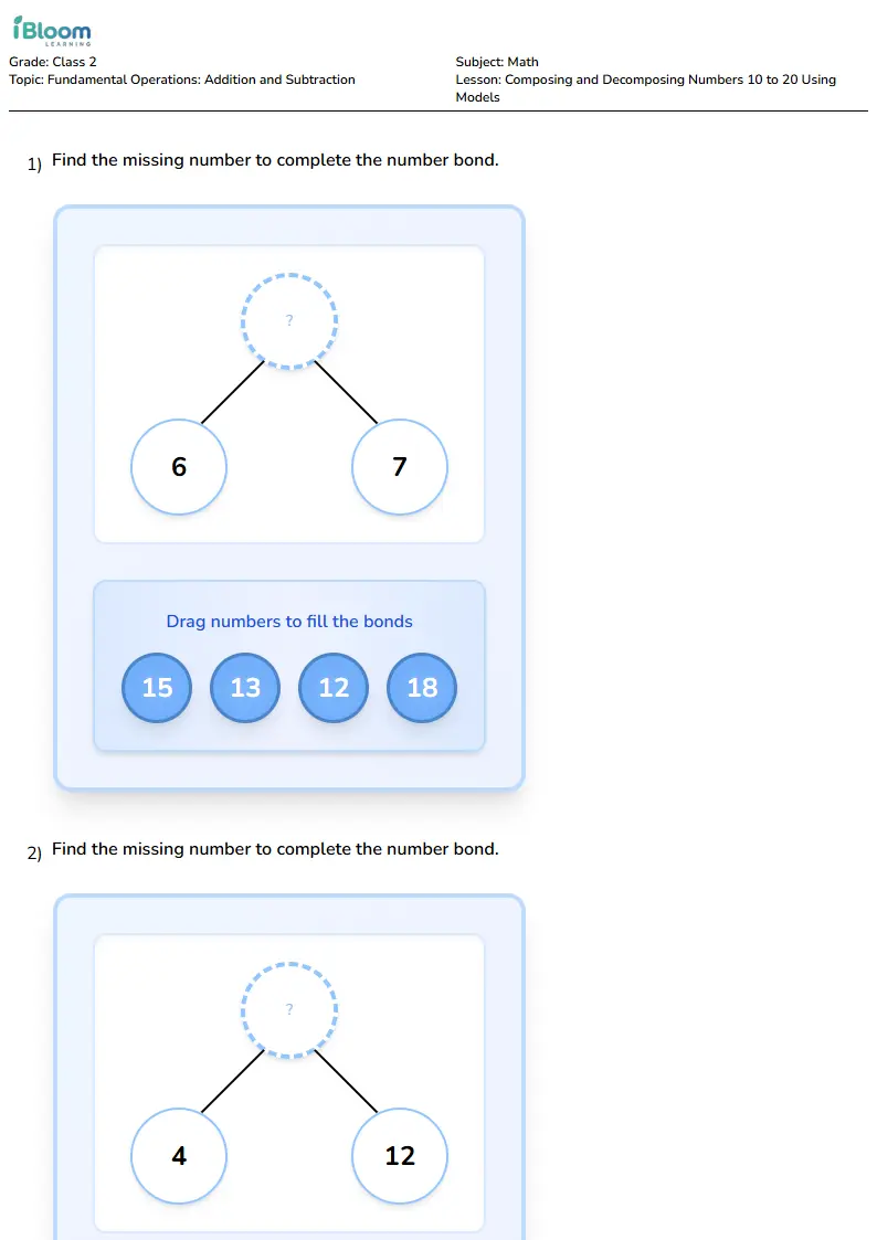 Composing and Decomposing Numbers 10 to 20 Using Models Lesson for Class 2