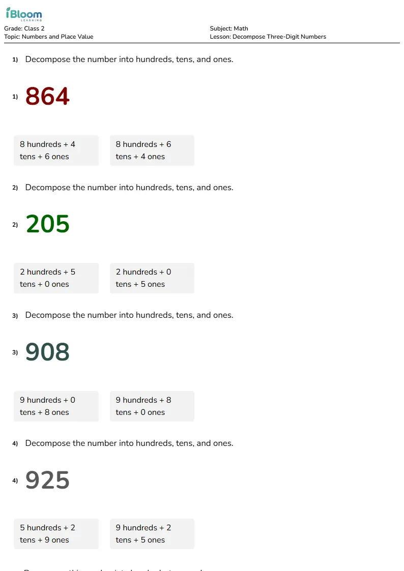 Decompose Three-Digit Numbers Lesson for Class 2 | iBloom