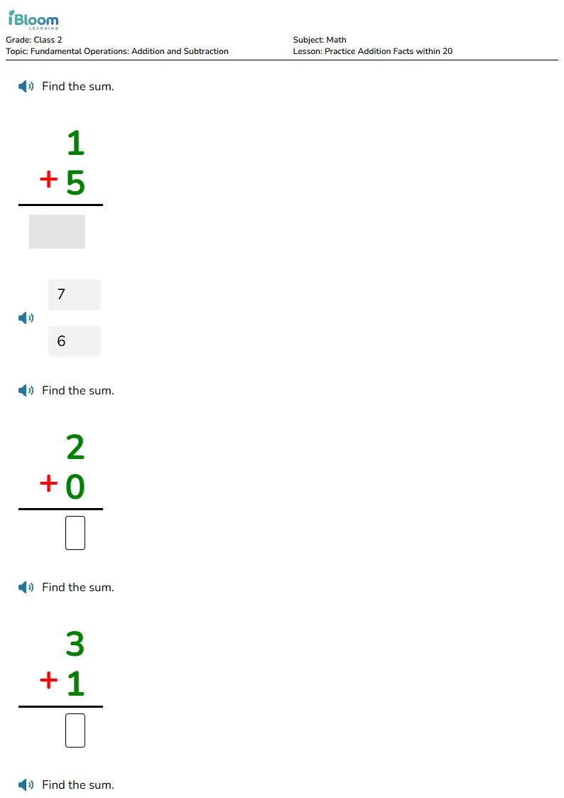 Practice Addition Facts within 20 Lesson for Class 2 | iBloom