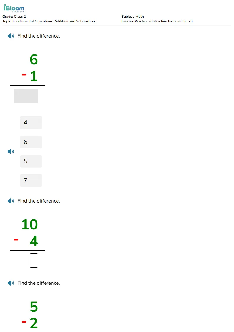Practice Subtraction Facts within 20 Lesson for Class 2 | iBloom