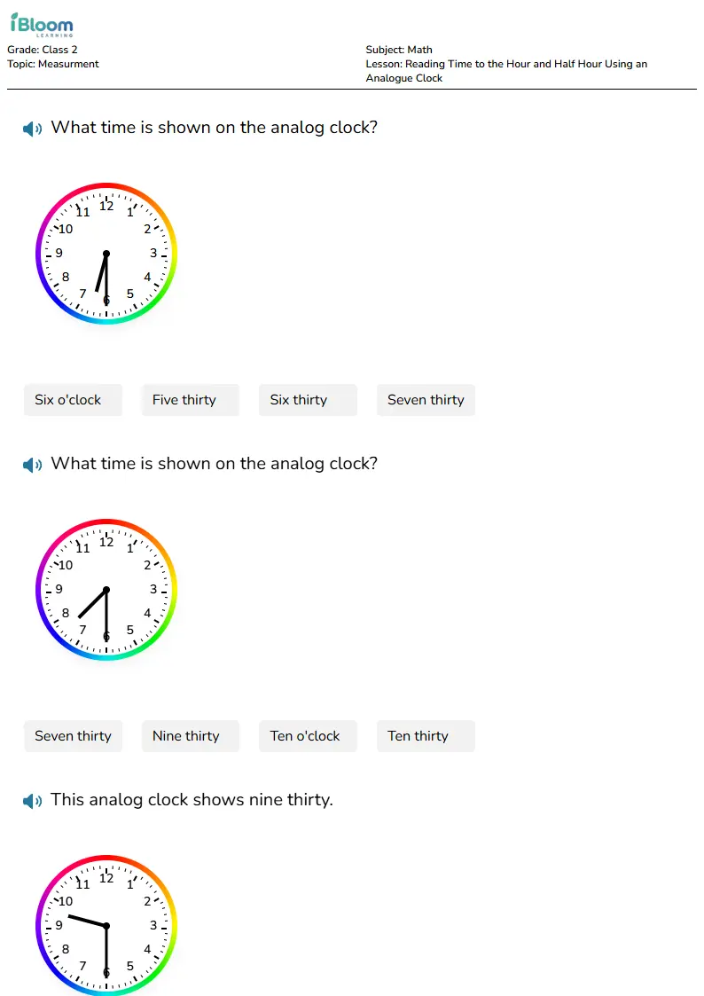 Reading Time to the Hour and Half Hour Using an Analogue Clock Lesson for Class 2 | iBloom