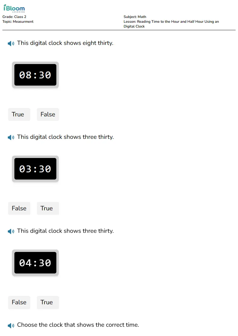 Reading Time to the Hour and Half Hour Using an Digital Clock Lesson for Class 2 | iBloom