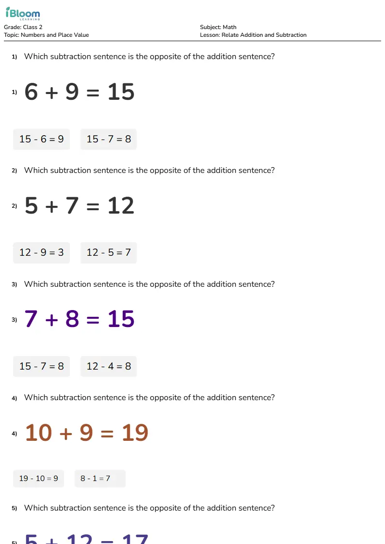 Relate Addition and Subtraction Lesson for Class 2 | iBloom
