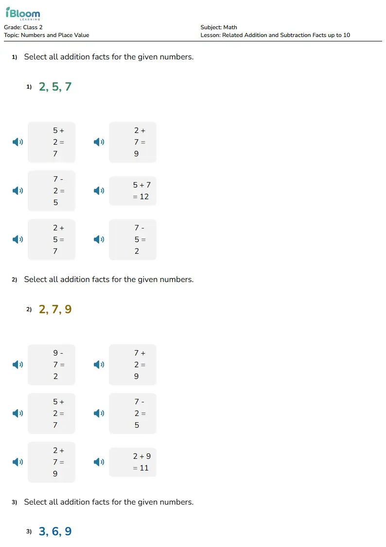 Related Addition and Subtraction Facts up to 10 Lesson for Class 2 | iBloom