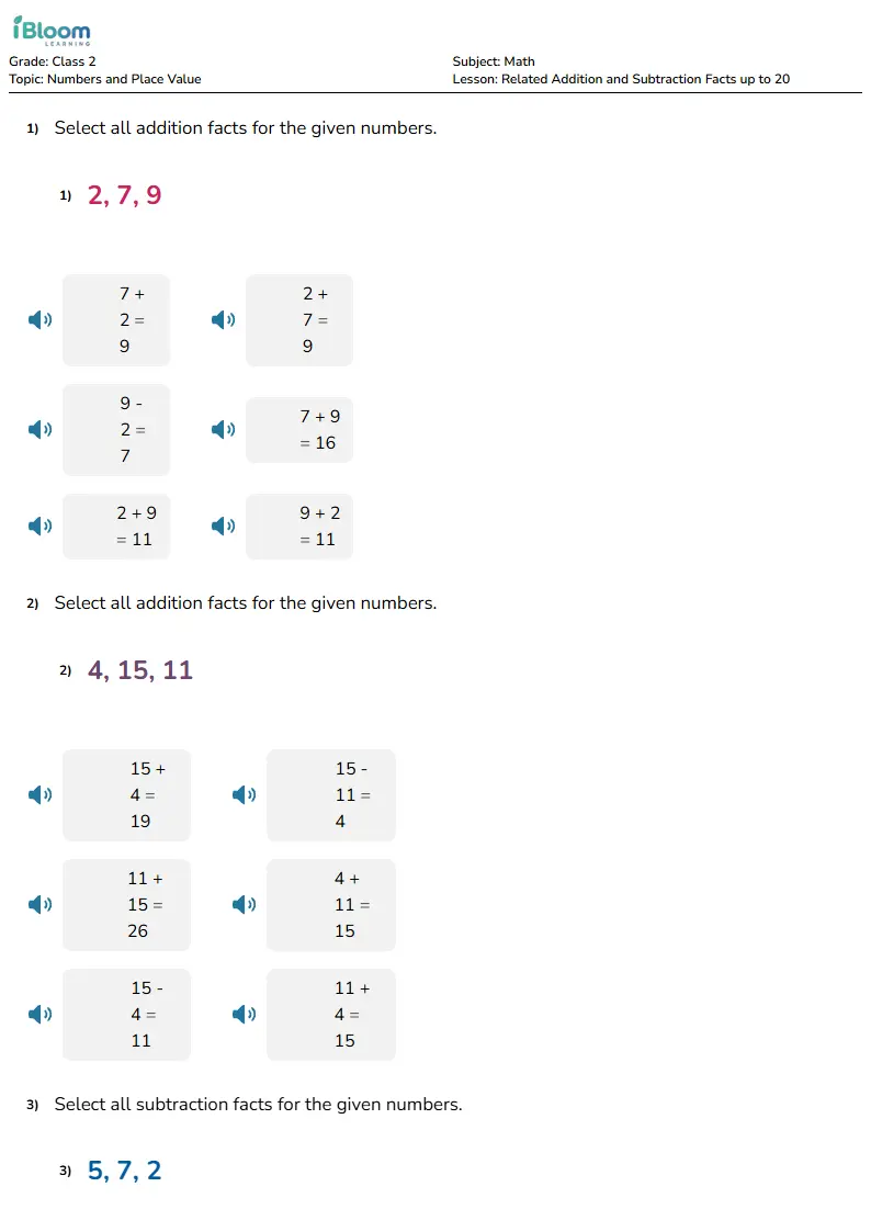 Related Addition and Subtraction Facts up to 20 Lesson for Class 2 | iBloom