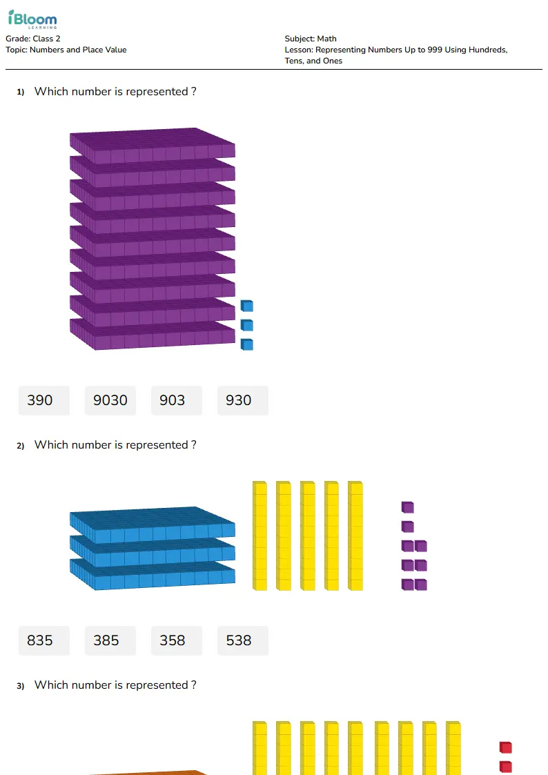 Representing Numbers Up to 999 Using Hundreds, Tens, and Ones Lesson for Class 2 | iBloom