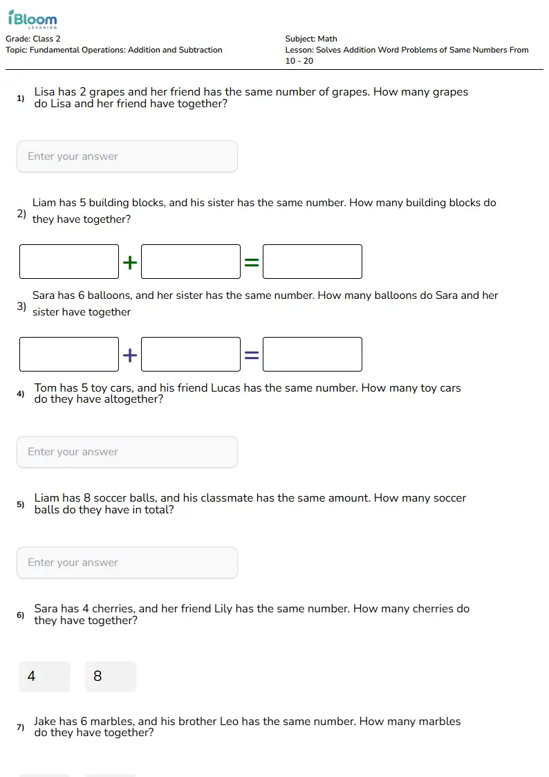 Solves Addition Word Problems of Same Numbers From 10 - 20 Lesson for Class 2 | iBloom