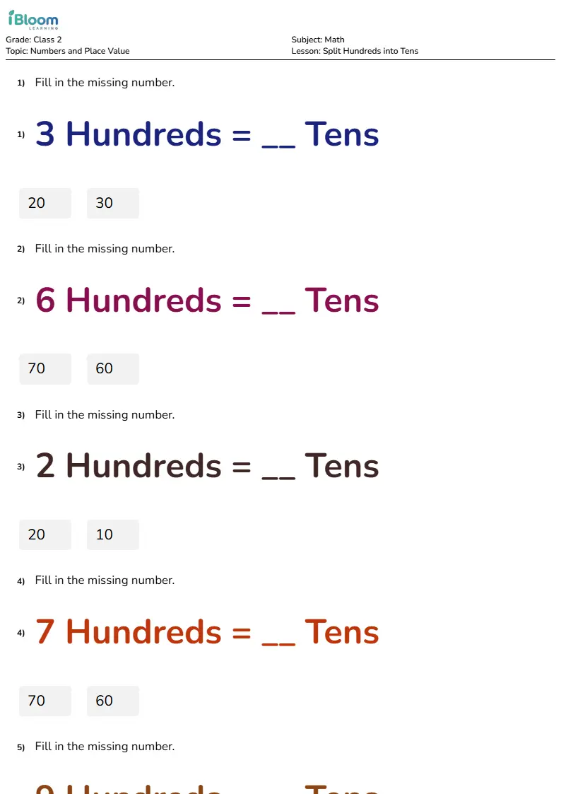 Split Hundreds into Tens Lesson for Class 2 | iBloom