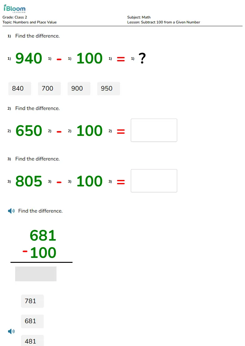 Subtract 100 from a Given Number Lesson for Class 2 | iBloom