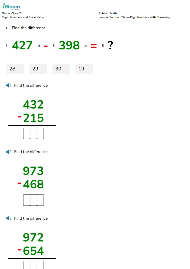 Subtract Three-Digit Numbers with Borrowing Lesson for Class 2 | iBloom