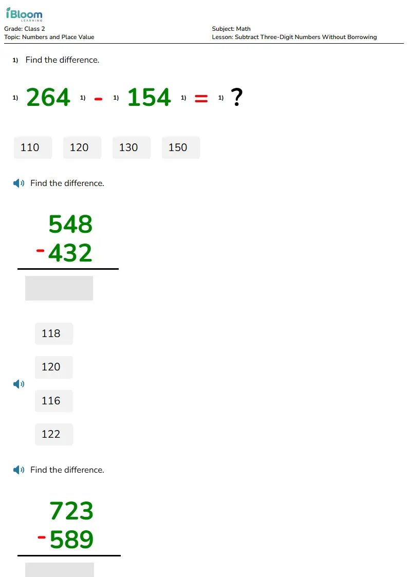 Subtract Three-Digit Numbers Without Borrowing Lesson for Class 2 | iBloom