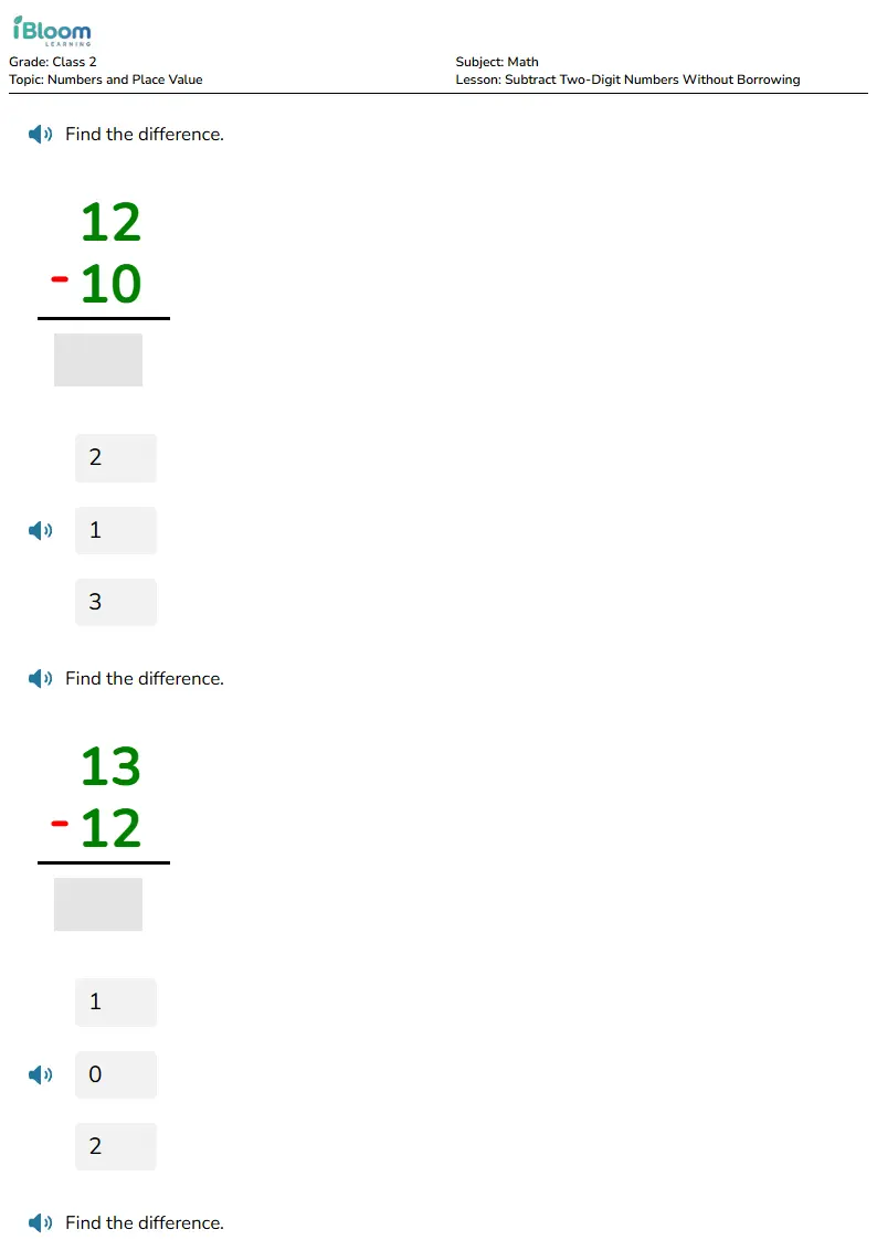 Subtract Two-Digit Numbers Without Borrowing Lesson for Class 2 | iBloom