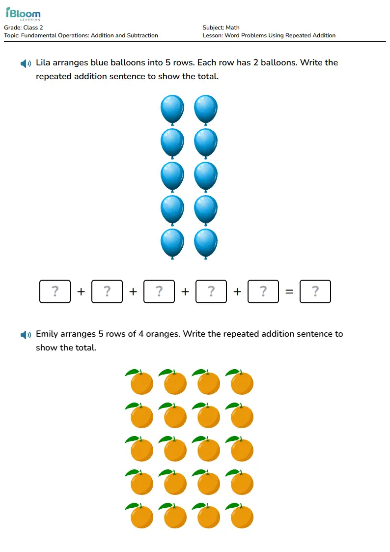 Word Problems Using Repeated Addition Lesson for Class 2 | iBloom