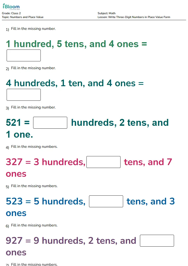 Write Three-Digit Numbers in Place Value Form Lesson for Class 2 | iBloom