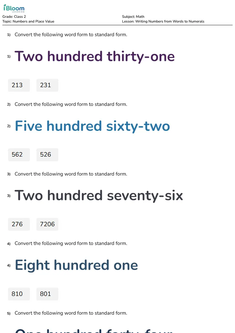 Writing Numbers from Words to Numerals Lesson for Class 2 | iBloom