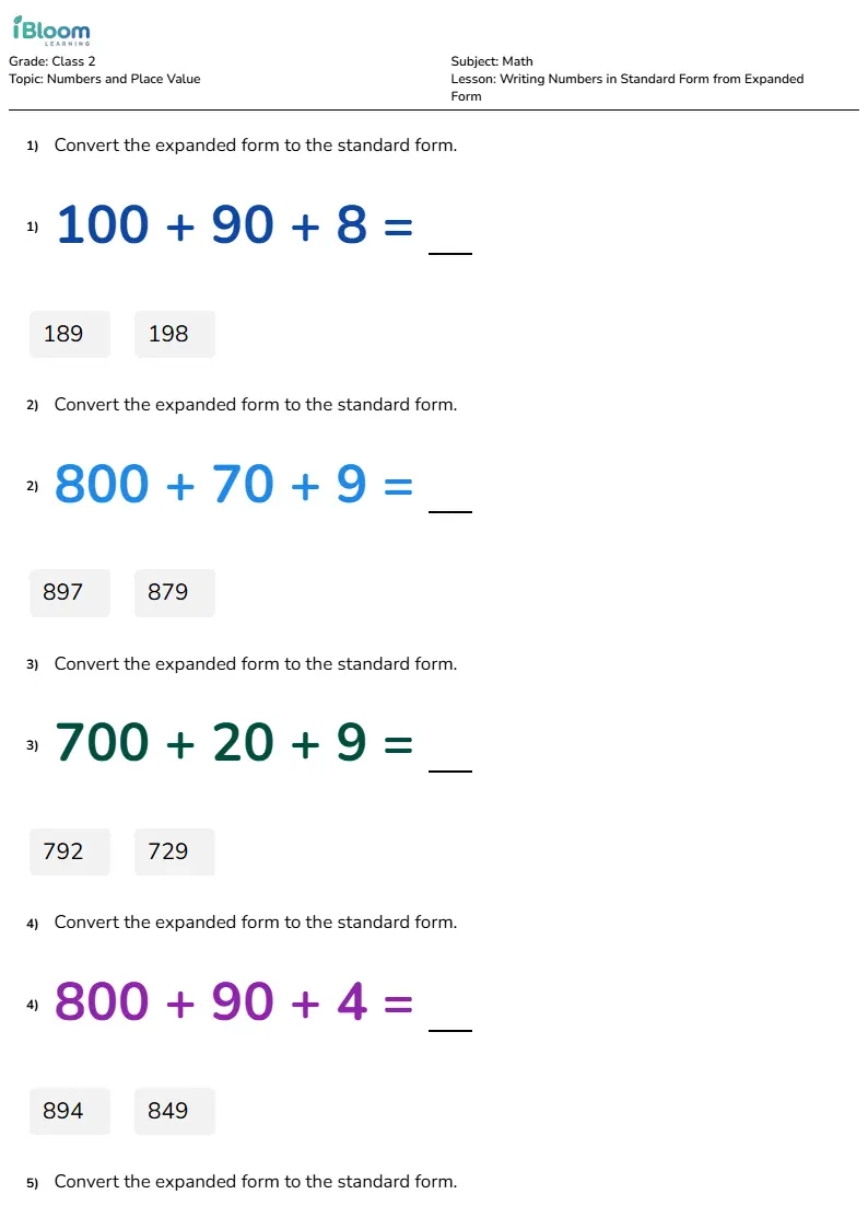 Writing Numbers in Standard Form from Expanded Form Lesson for Class 2 | iBloom