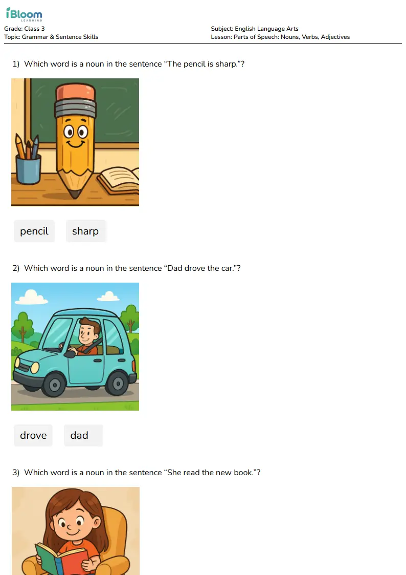 Parts of Speech: Nouns, Verbs, Adjectives Lesson for Class 3 | iBloom