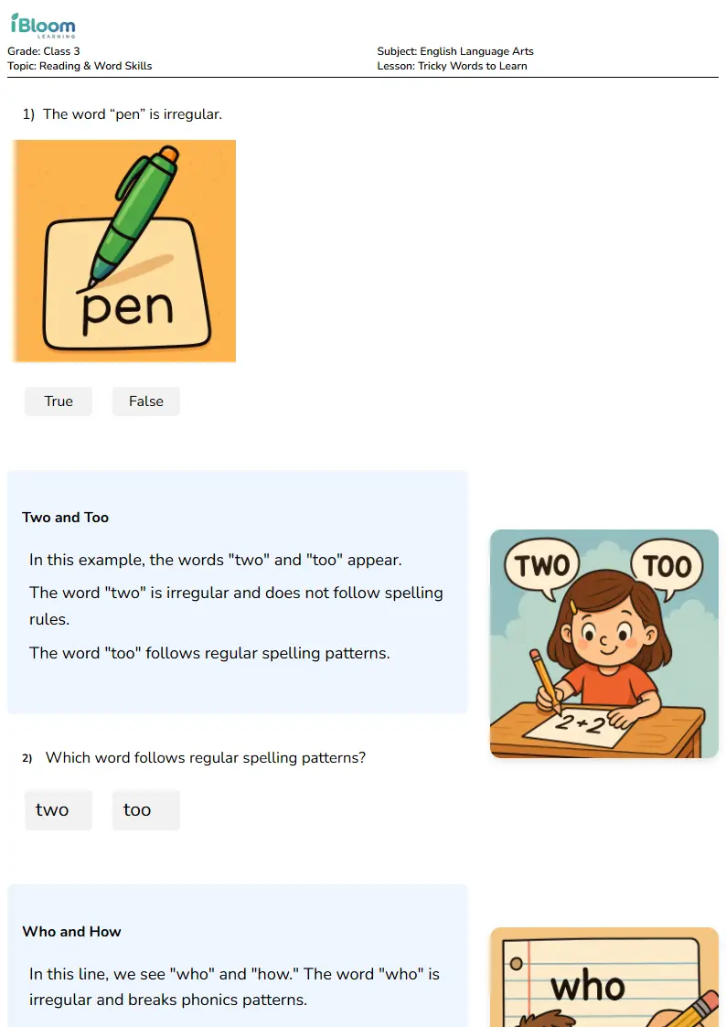 Tricky Words to Learn Lesson for Class 3 | iBloom