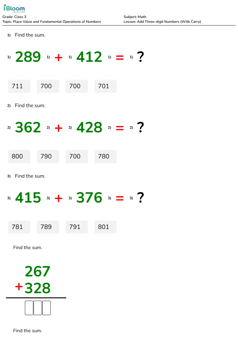 Add Three-digit Numbers (With Carry) Lesson for Class 3