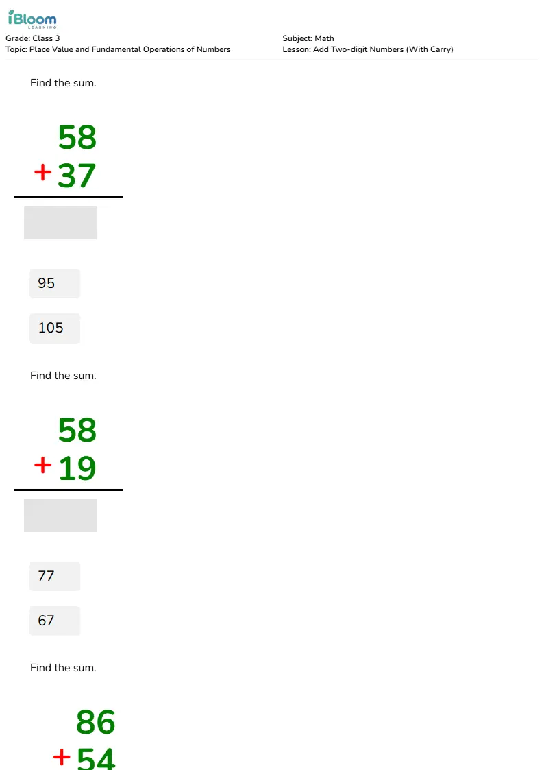 Add Two-digit Numbers (With Carry) Lesson for Class 3