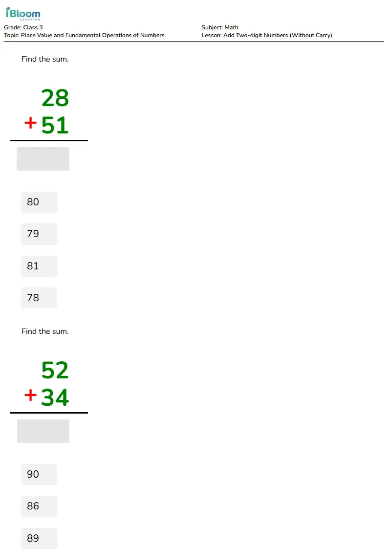 Add Two-digit Numbers (Without Carry) Lesson for Class 3