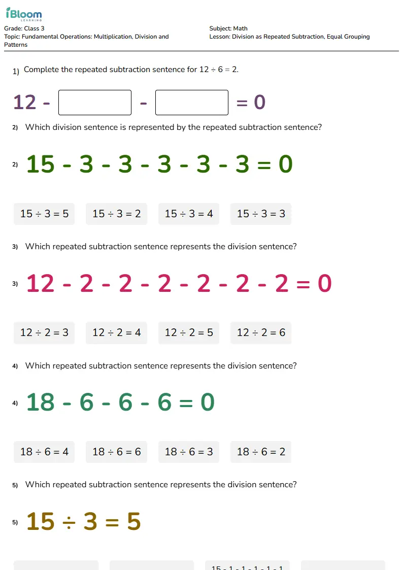 Division as Repeated Subtraction, Equal Grouping Lesson for Class 3