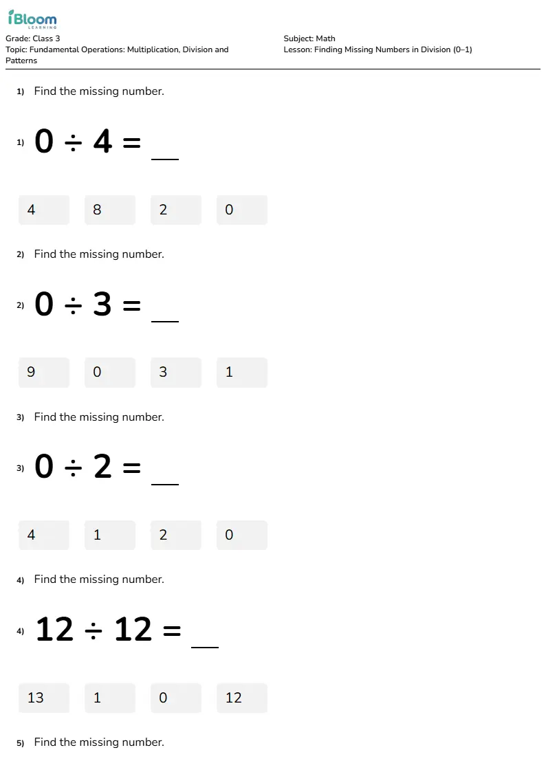 Finding Missing Numbers in Division (0–1) Lesson for Class 3