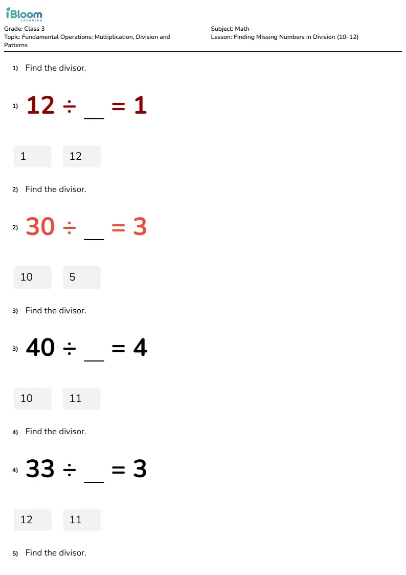 Finding Missing Numbers in Division (10–12) Lesson for Class 3