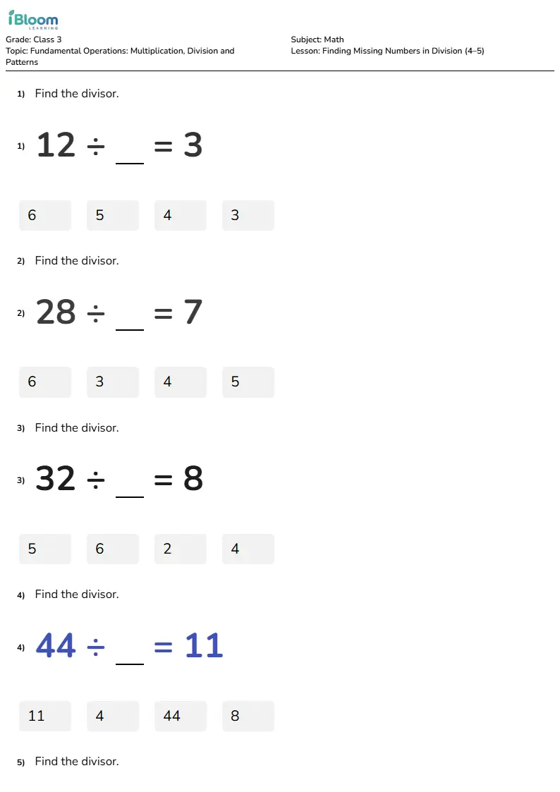 Finding Missing Numbers in Division (4–5) Lesson for Class 3