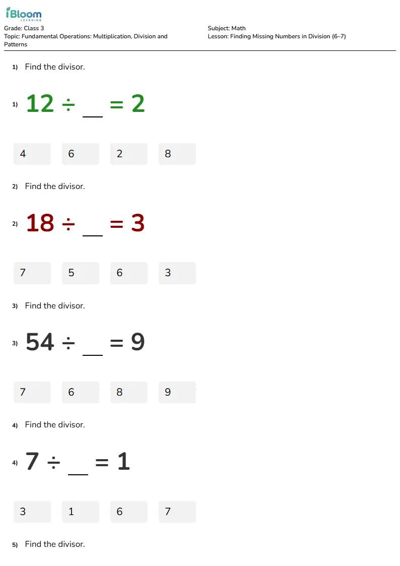 Finding Missing Numbers in Division (6–7) Lesson for Class 3
