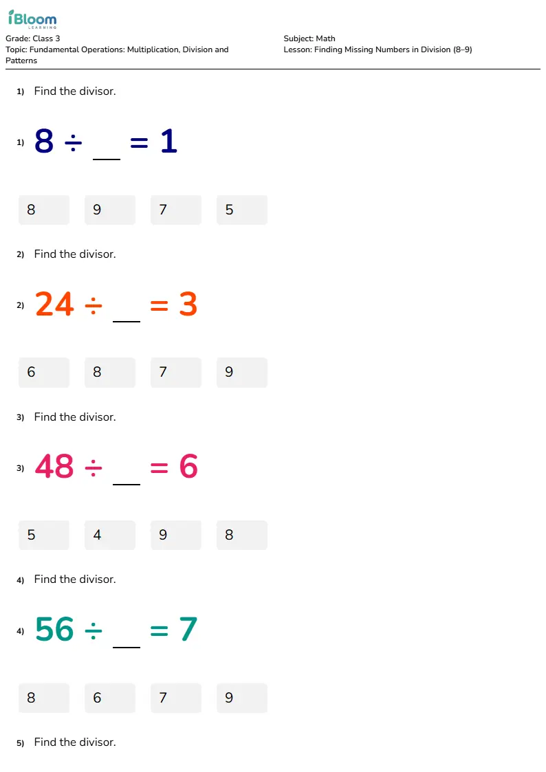 Finding Missing Numbers in Division (8–9) Lesson for Class 3