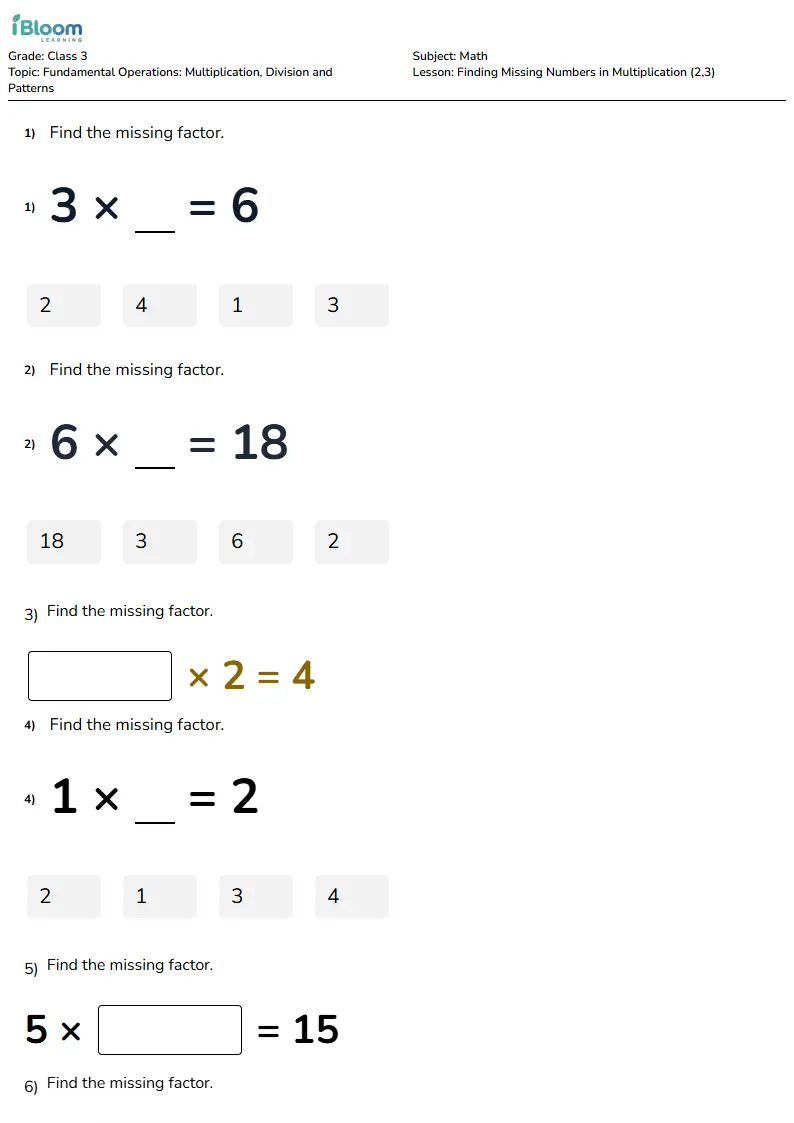 Finding Missing Numbers in Multiplication (2,3) Lesson for Class 3