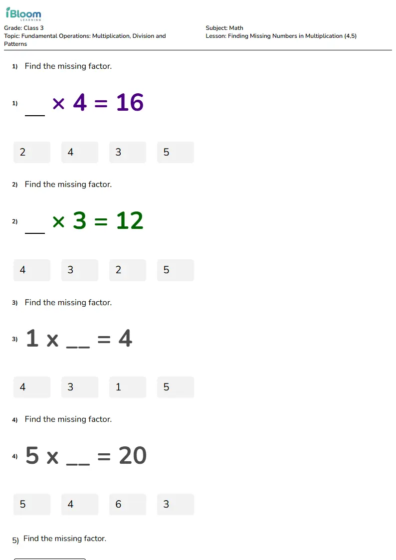 Finding Missing Numbers in Multiplication (4,5) Lesson for Class 3