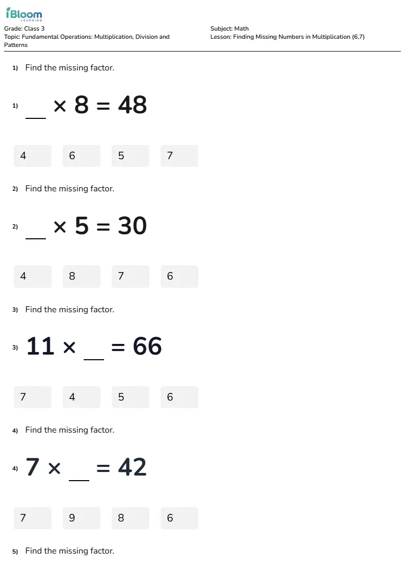 Finding Missing Numbers in Multiplication (6,7) Lesson for Class 3